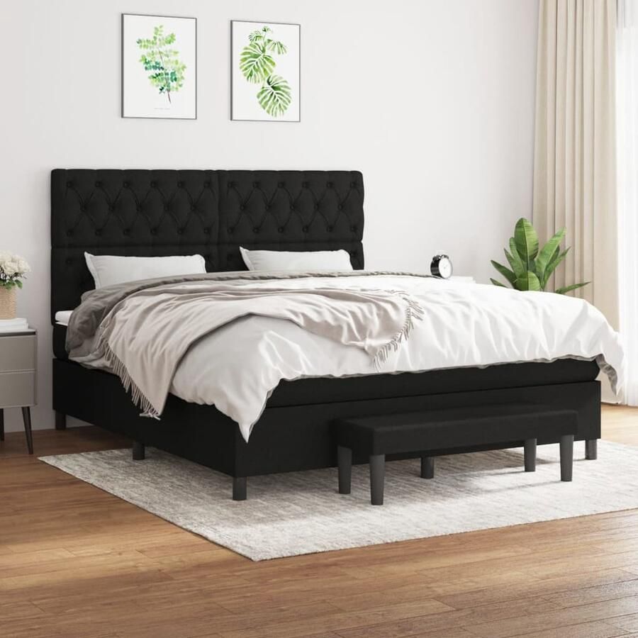 VidaXL Boxspring Zwart 160x200 cm Inclusief Matras Boxspringbed Boxsprings Tweepersoonsbed Slaapcomfort Zware Boxspring Pocketed Veren Matras Hoofdbord Adjustable Headboard Black Bedroom Furniture - Foto 2
