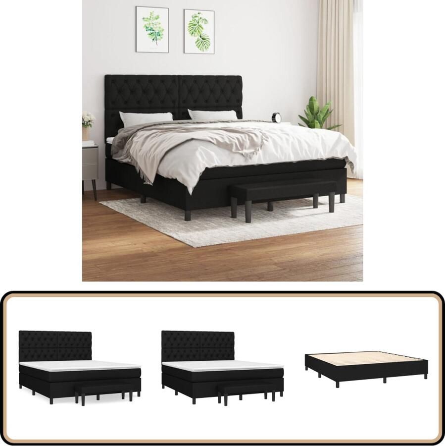 VidaXL Boxspring Zwart 160x200 cm Inclusief Matras Boxspringbed Boxsprings Tweepersoonsbed Slaapcomfort Zware Boxspring Pocketed Veren Matras Hoofdbord Adjustable Headboard Black Bedroom Furniture