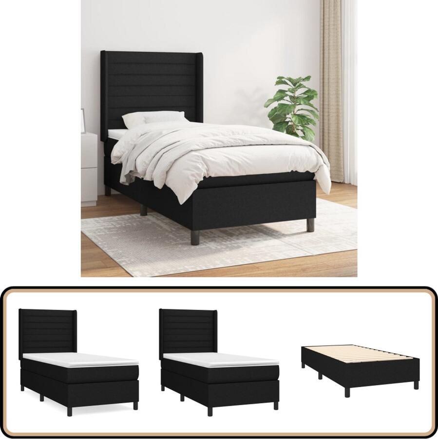 VidaXL Boxspring Zwart 90x200 cm Inclusief Matrassen Boxspringbed Pocketvering Verstelbare Hoofdbord Zwarte Boxspring Slaapcomfort Duurzame Boxspring Middeld Harde Matras Huidgevend Topmatras