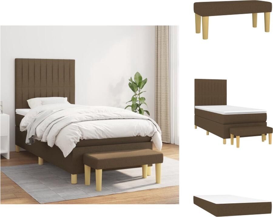 VidaXL Boxspringbed Bed 203 x 100 x 118 128 cm Donkerbruin stof Verstelbaar hoofdbord Pocketvering matras Middelharde ondersteuning Huidvriendelijk topmatras Multifunctioneel bankje Inclusief montagehandleiding Bed - Foto 3