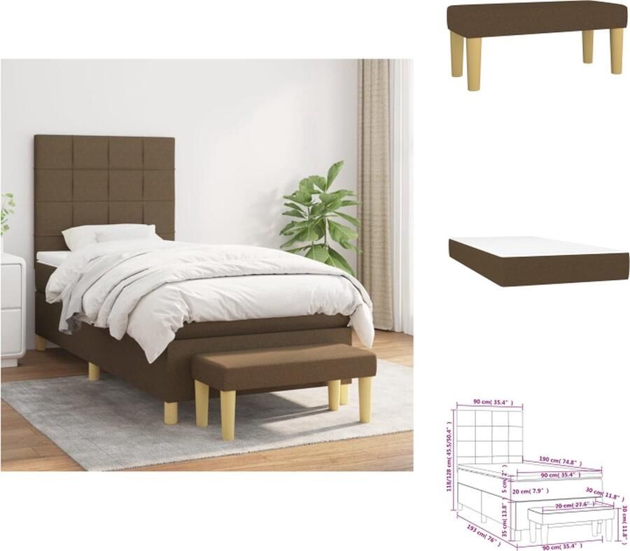 VidaXL Boxspringbed Pocketvering Duurzaam Verstelbaar hoofdbord Middelharde ondersteuning Huidvriendelijk topmatras + Montagehandleiding Kleur- donkerbruin Afmetingen- 193 x 90 x 118 128 cm Bed - Foto 3