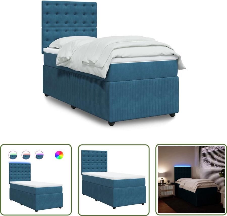 VidaXL Boxspringbed Boxspring met matras fluweel blauw 90x190 cm Matras Fluweel Led Verlichting