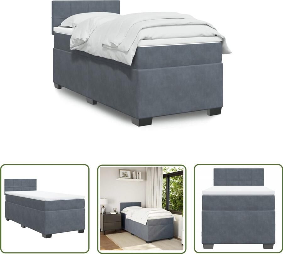 VidaXL Boxspring met matras fluweel donkergrijs 100x200 cm Boxspring Boxspringbed Fluweel Donkere Kleuren Tweepersoonsbed