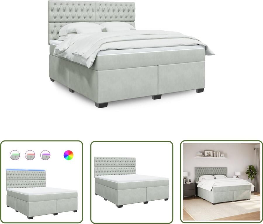VidaXL Boxspring met matras fluweel lichtgrijs 180x200 cm Boxspring Boxspringbed Fluweel Led Verlichting Matras