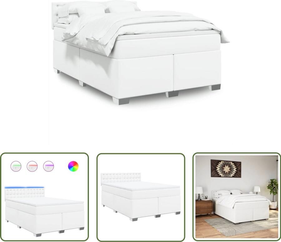 VidaXL Boxspring met matras kunstleer wit 140x200 cm Boxspring Boxspringbed Matras Led Verlichting Kunstleder