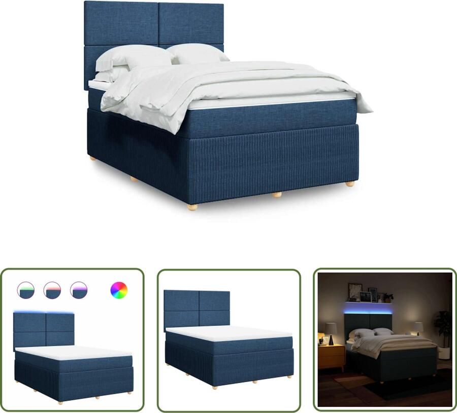 VidaXL Boxspringbed Boxspring met matras stof blauw 140x200 cm Led Verlichting Matras Pocketveringmatras