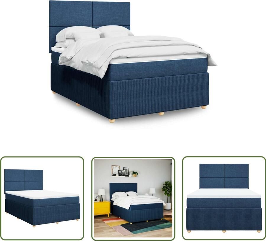 VidaXL Boxspringbed Boxspring met matras stof blauw 160x200 cm Matras Pocketveringmatras Hoofdbord
