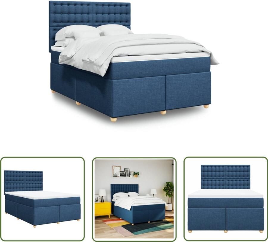 VidaXL Boxspringbed Boxspring met matras stof blauw 160x200 cm Matras Pocketveringmatras Hoofdbord