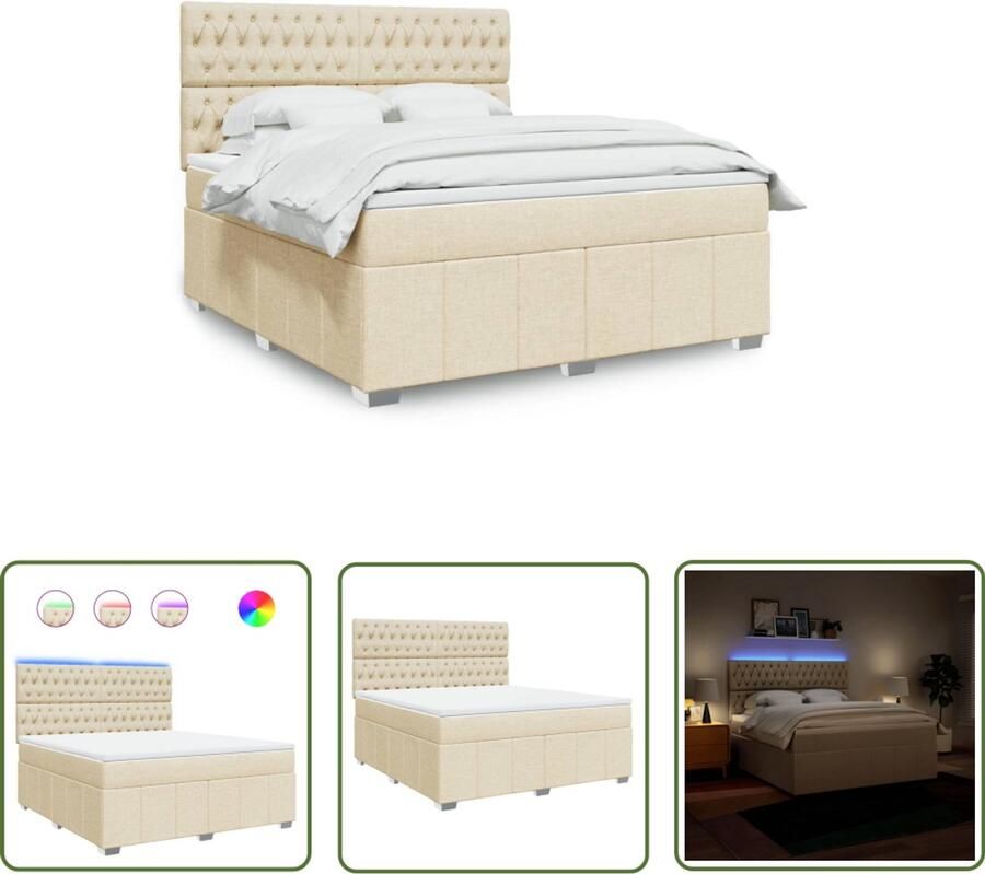 VidaXL Boxspring met matras stof crèmekleurig 180x200 cm Boxspring Boxspringbed Matras Pocketveringmatras Led Verlichting