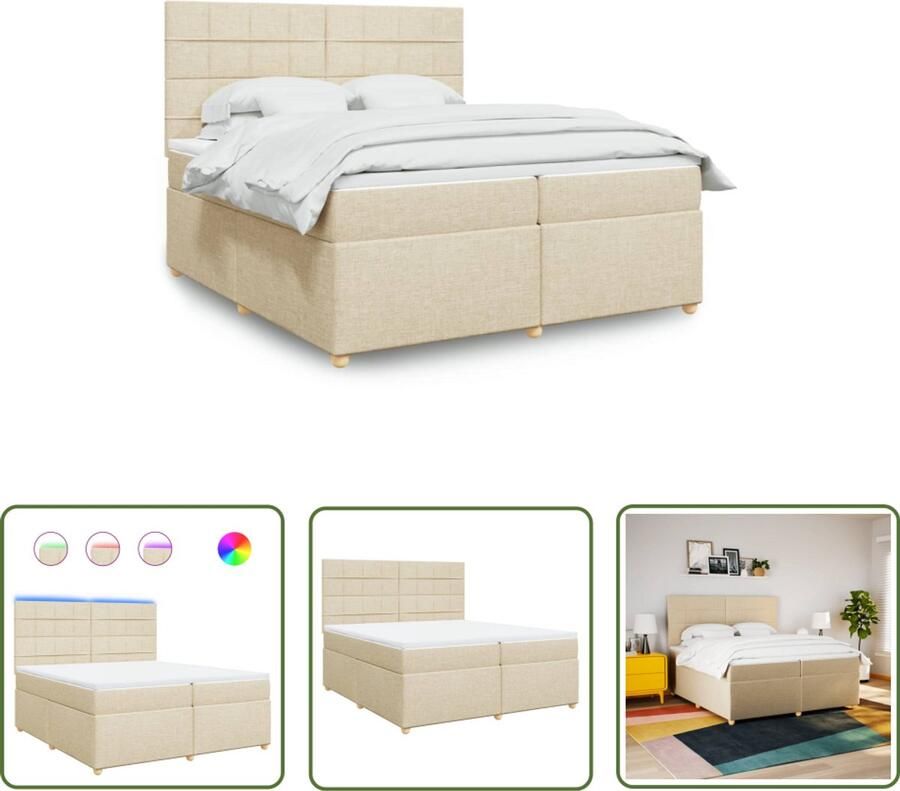 VidaXL Boxspringbed Boxspring met matras stof crèmekleurig 200x200 cm Led Verlichting Elektrisch Hoofdbord Pocketveringmatras