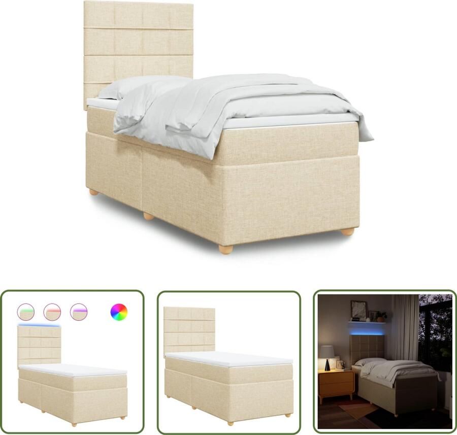 VidaXL Boxspring met matras stof crèmekleurig 90x190 cm Boxspring Boxspringbed Slaapcomfort Led Verlichting Elektrisch Hoofdbord