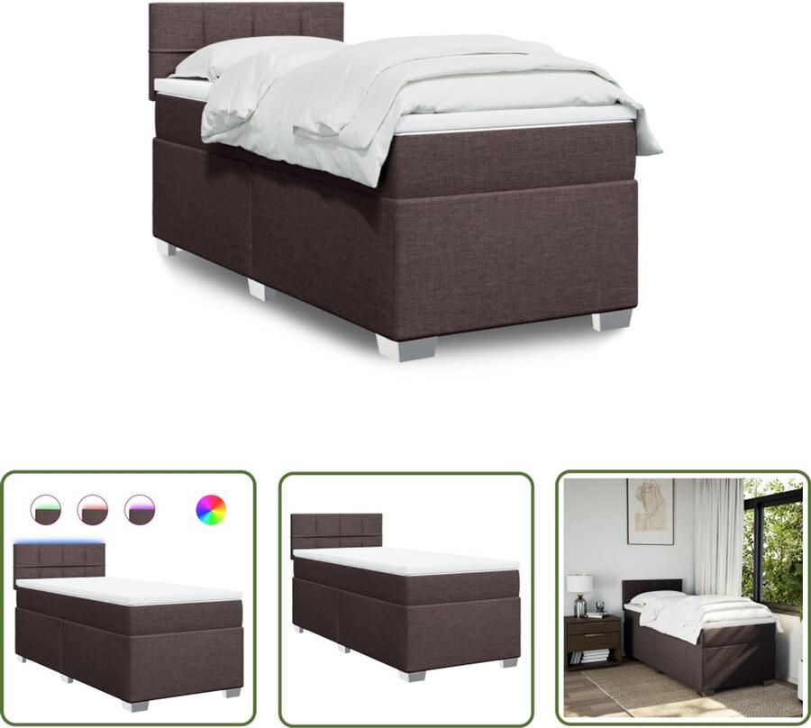 VidaXL Boxspringbed Boxspring met matras stof donkerbruin 90x190 cm Slaapcomfort Led Verlichting Pocketveringmatras