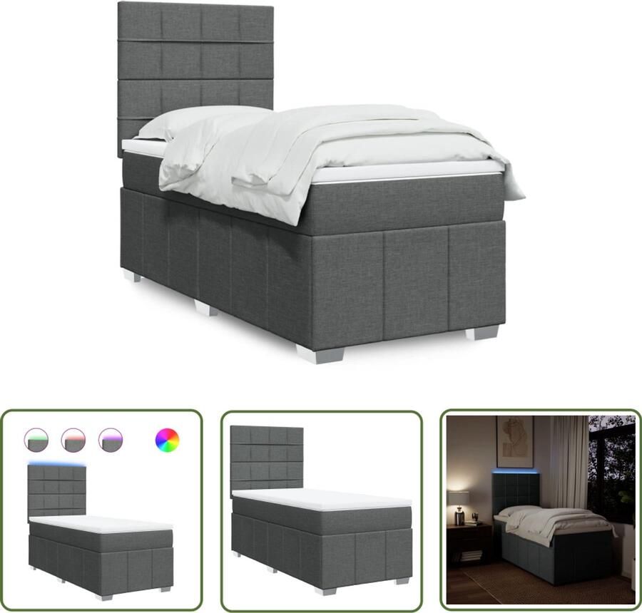 VidaXL Boxspring met matras stof donkergrijs 100x200 cm Boxspring Boxspringbed Matras Pocketveringmatras Led Verlichting