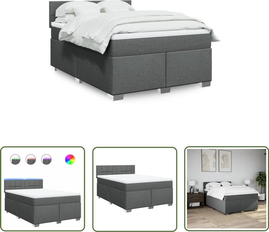 VidaXL Boxspring met matras stof donkergrijs 140x190 cm Boxspring Boxspringbed Matras Led Verlichting Dark Grey - Foto 2