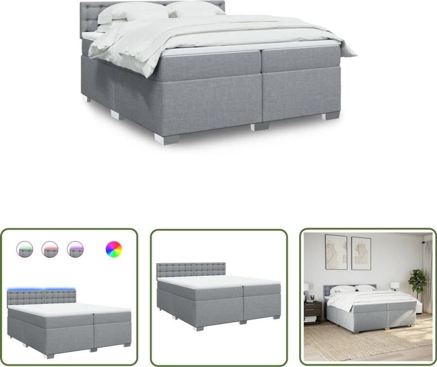 VidaXL Boxspringbed Boxspring met matras stof lichtgrijs 200x200 cm Led Lamp Pocketveringmatras Stoffen Bed