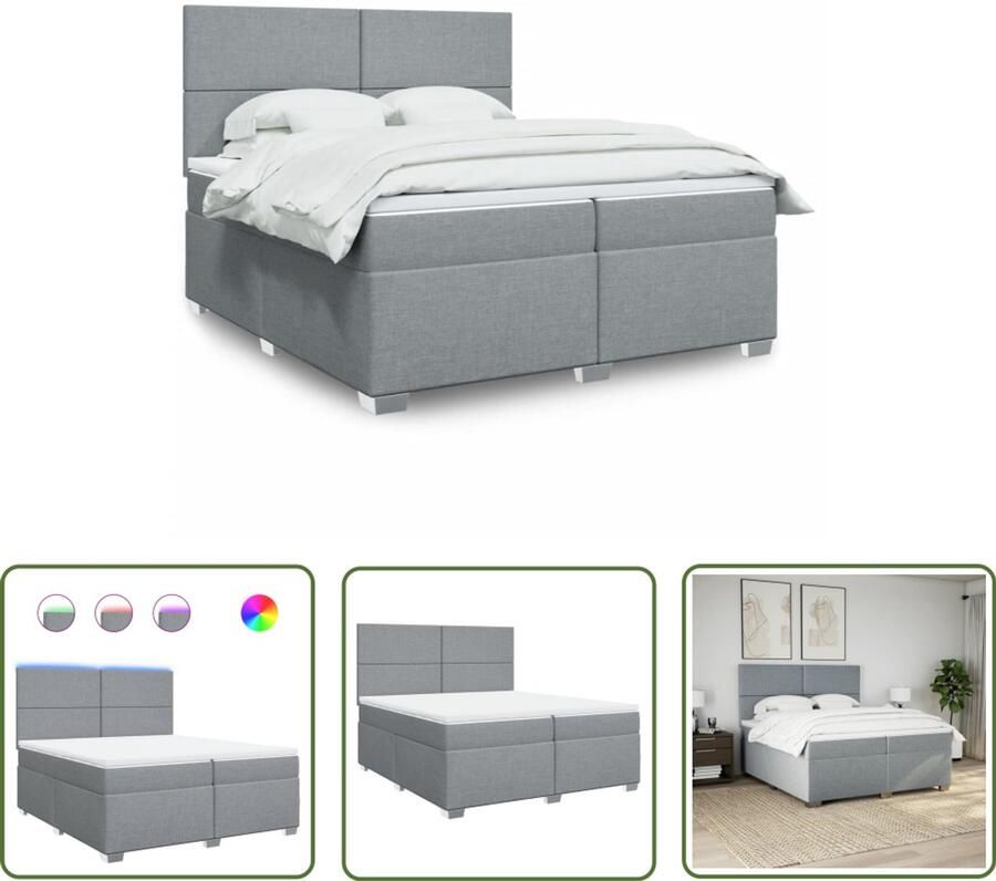 VidaXL Boxspringbed Boxspring met matras stof lichtgrijs 200x200 cm Tweepersoonsbed Grijs Bed Led Lamp