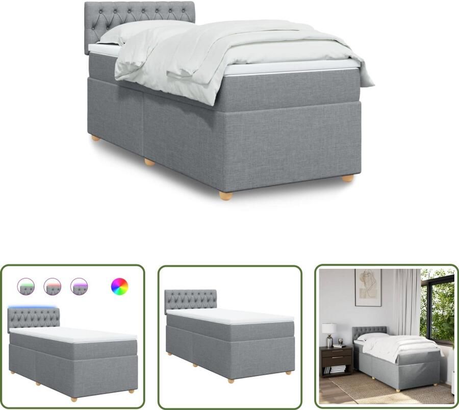 VidaXL Boxspringbed Boxspring met matras stof lichtgrijs 90x190 cm Led-verlichting Matras Topmatras