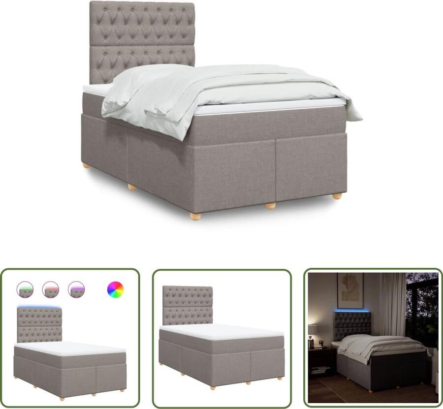 VidaXL Boxspringbed Boxspring met matras stof taupe 120x200 cm Matras Pocketveringmatras Led Verlichting