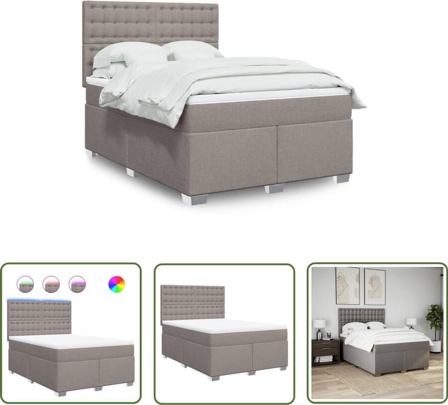 VidaXL Boxspring met matras stof taupe 160x200 cm Boxspring Boxspringbed Matras Led Verlichting Hoofdbord
