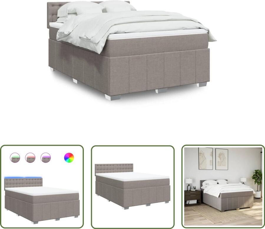 VidaXL Boxspring met matras stof taupe 160x200 cm Boxspring Boxspringbed Matras Pocketveringmatras Led Verlichting