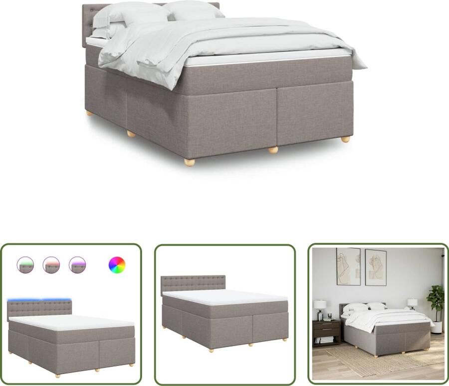 VidaXL Boxspring met matras stof taupe 160x200 cm Boxspring Boxspringbed Matras Pocketveringmatras Led Verlichting - Foto 2