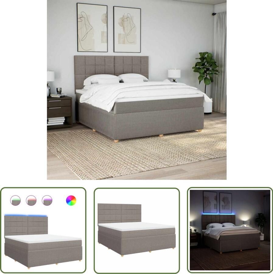 VidaXL Boxspringbed Boxspring met matras stof taupe 180x200 cm Matras Led Verlichting Hoofdbord