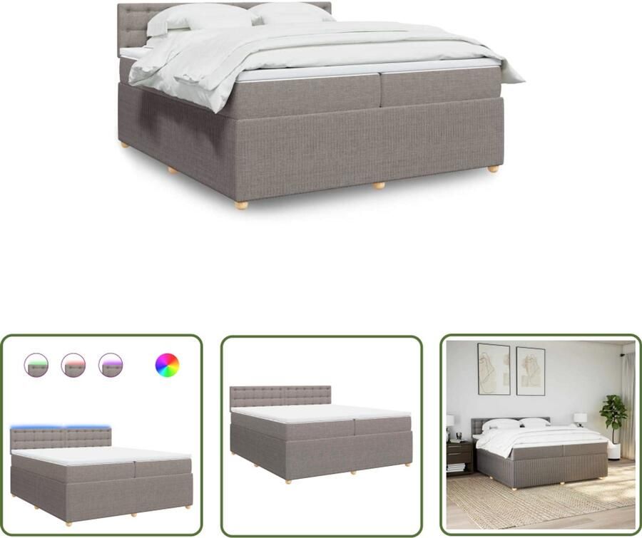 VidaXL Boxspring met matras stof taupe 200x200 cm Boxspring Boxspringbed Led Verlichting Pocketveringmatras Taupe