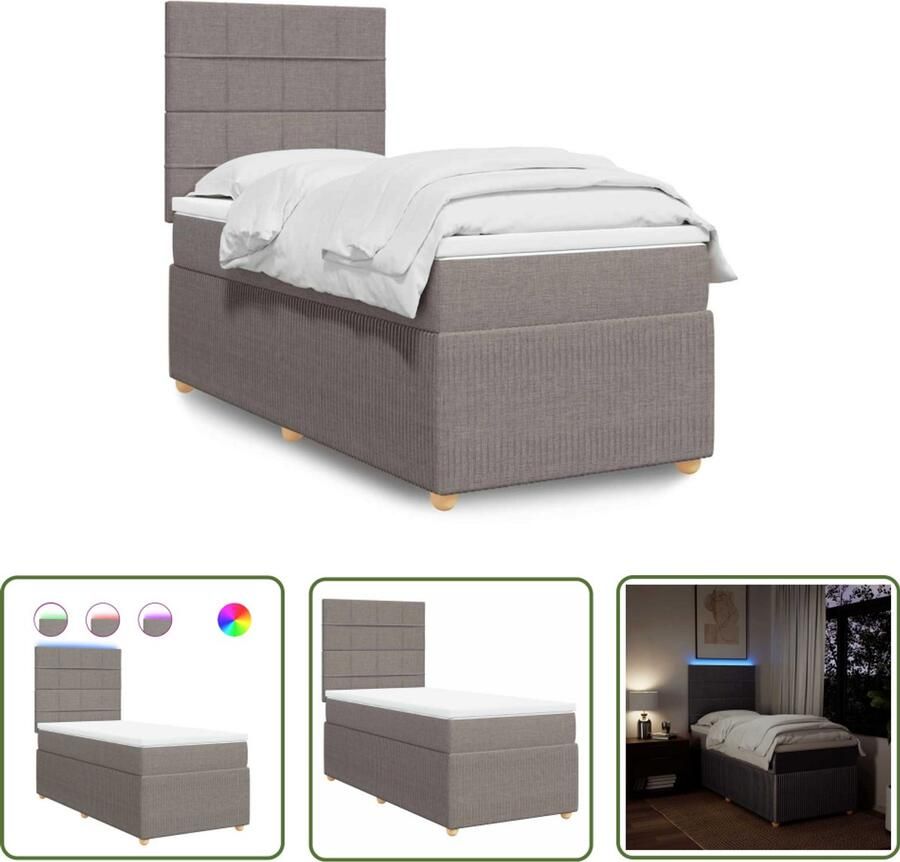 VidaXL Boxspring met matras stof taupe 90x200 cm Boxspring Boxspringbed Matras Led Verlichting Hoofdbord