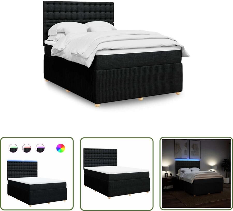 VidaXL Boxspring met matras stof zwart 140x200 cm Boxspring Boxspringbed Matras Led Verlichting Hoofdbord