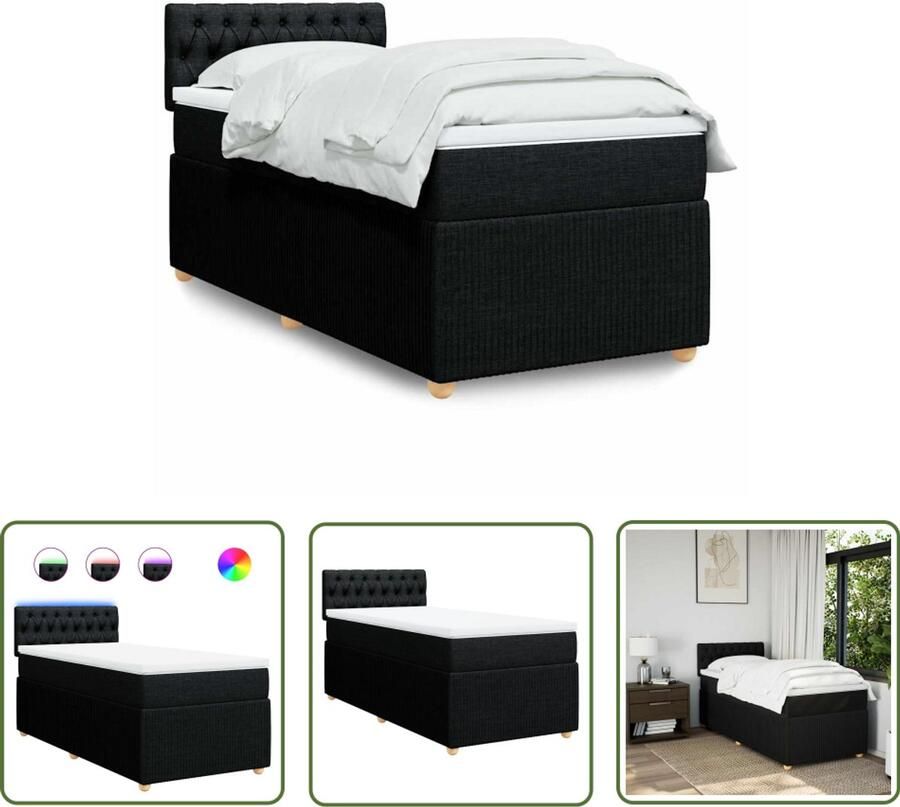 VidaXL Boxspring met matras stof zwart 90x200 cm Boxspring Boxspringbed Led Lamp Pocketveringmatras Matras Topper
