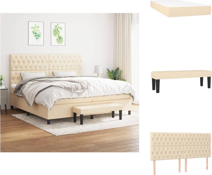 VidaXL Boxspringbed Premium Crème 203 x 200 x 118 128 cm Duurzaam Verstelbaar hoofdbord Pocketvering matras Middelharde ondersteuning Huidvriendelijk topmatras Multifunctioneel bankje Inclusief montagehandleiding Bed - Foto 3