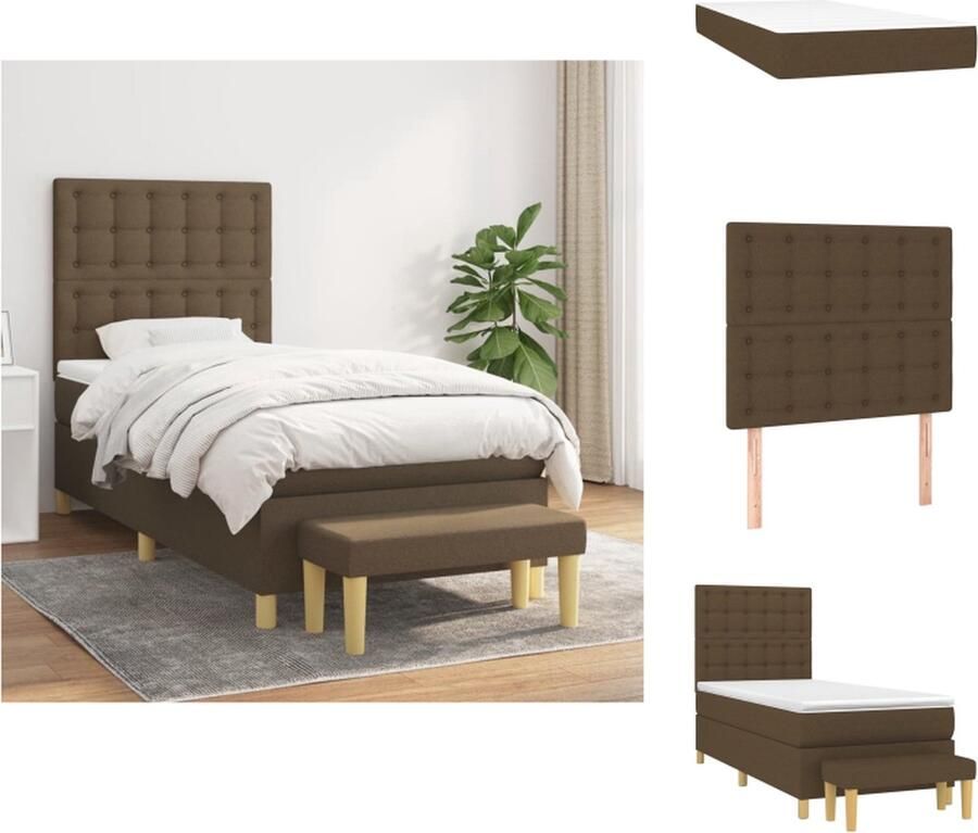 VidaXL Boxspringbed Bed 203 x 100 x 118 128 cm Donkerbruin stof Verstelbaar hoofdbord Pocketvering matras Middelharde ondersteuning Huidvriendelijk topmatras Multifunctioneel bankje Inclusief montagehandleiding Bed - Foto 4