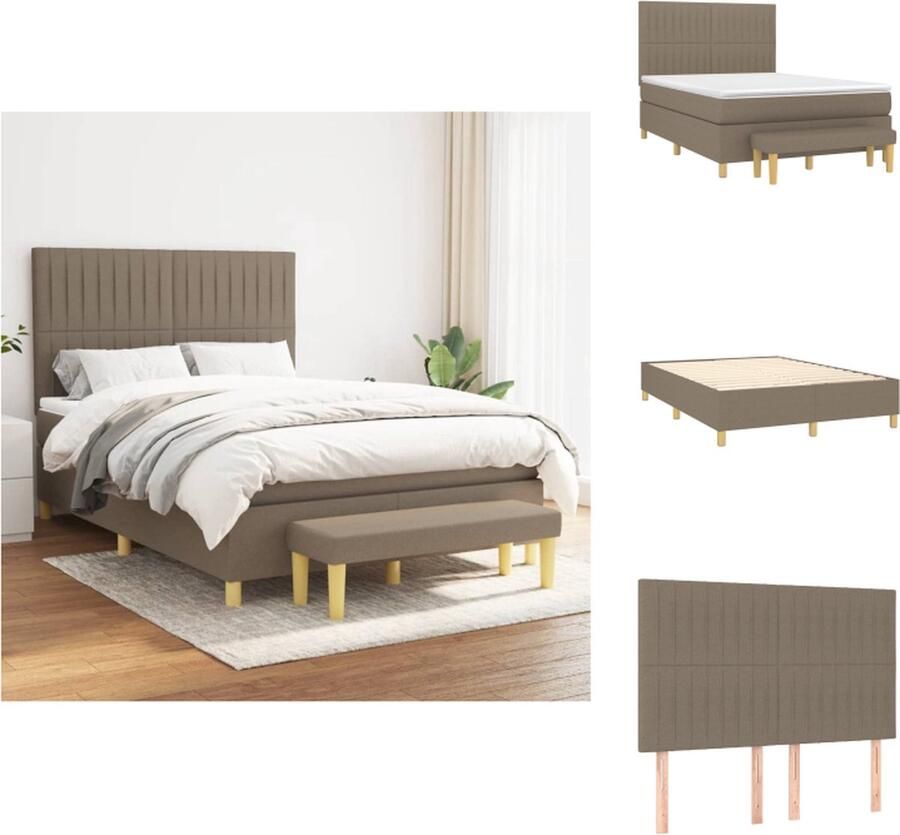 VidaXL Boxspringbed Comfortabele pocketvering Middelharde ondersteuning Duurzaam materiaal Verstelbaar hoofdbord Huidvriendelijk topmatras Multifunctioneel bankje Kleur- taupe Afmetingen- 203 x 144 x 118 128 cm (L x B x H) Bed - Foto 2