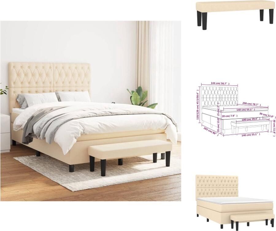 VidaXL Boxspringbed Crème 203x144x118 128 cm Duurzaam materiaal Verstelbaar hoofdbord Pocketvering matras Middelharde ondersteuning Huidvriendelijk topmatras Multifunctioneel bankje Bed - Foto 3