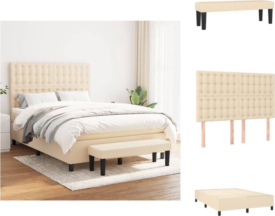 VidaXL Boxspringbed Crème 203x144x118 128 cm Duurzaam materiaal Verstelbaar hoofdbord Pocketvering matras Middelharde ondersteuning Huidvriendelijk topmatras Multifunctioneel bankje Bed - Foto 5