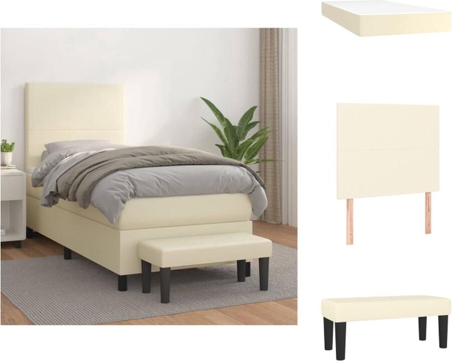 VidaXL Boxspringbed Crème Kunstleer 203 x 90 x 118 128 cm Hoogwaardig Verstelbaar hoofdbord Pocketvering matras Middelharde ondersteuning Huidvriendelijk topmatras Multifunctioneel bankje Bed