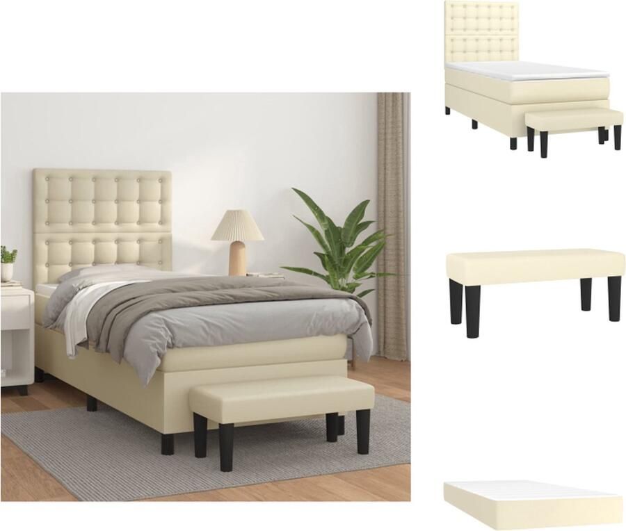 VidaXL Boxspringbed Crème Kunstleer 203x100x118 128 cm Verstelbaar hoofdbord Pocketvering matras Huidvriendelijk topmatras Multifunctioneel bankje Bed