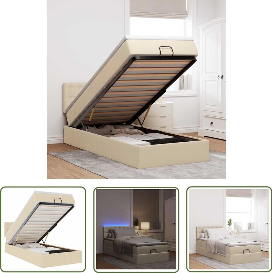 VidaXL Boxspringbed Ottoman Bed Ottoman bed met matras en LED's 100x200 cm stof crèmekleurig Led Lamp Slaapcomfort Creme Kleurtoneel