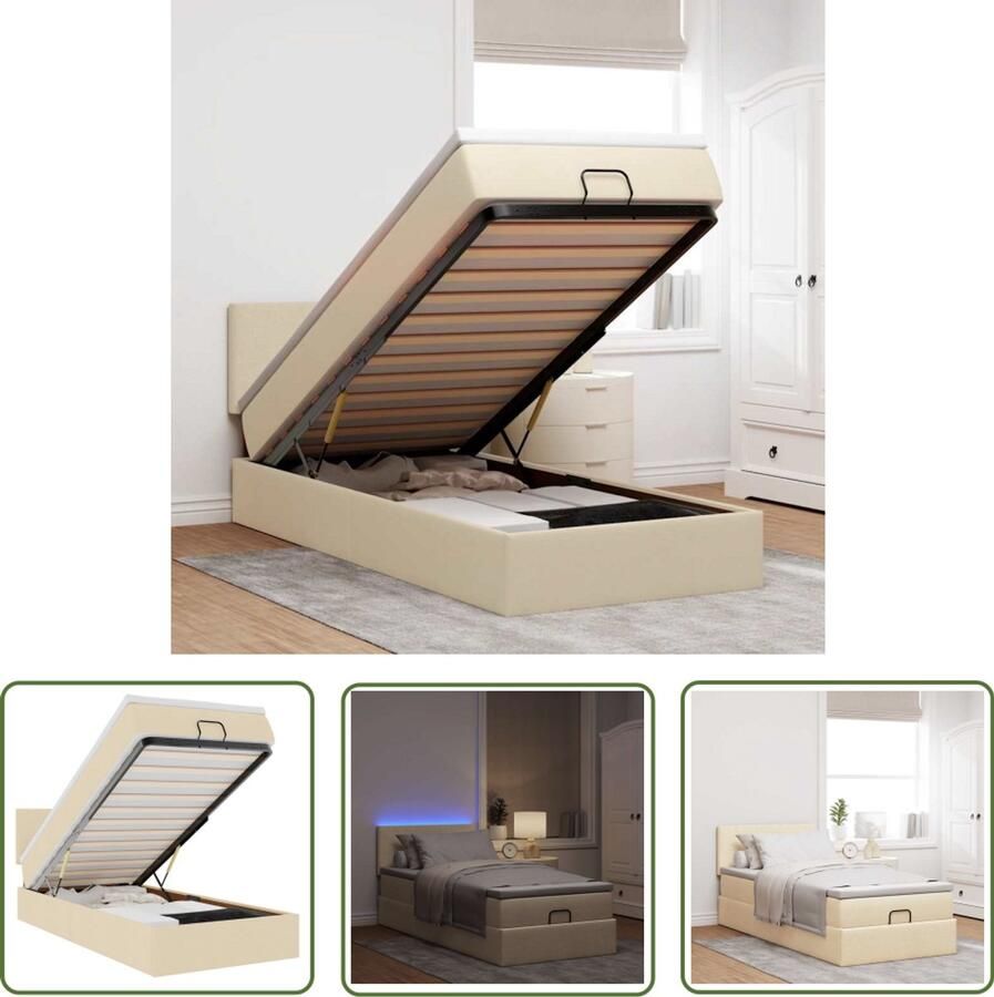 VidaXL Ottoman bed met matras en LED's 100x200 cm stof crèmekleurig Ottoman Bed Boxspringbed Tweepersoonsbed Led Lamp Opbergruimte Bed