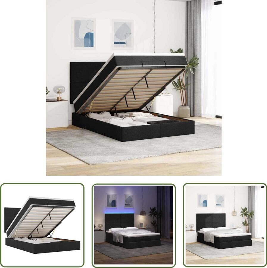 VidaXL Boxspringbed Ottoman Bed Ottoman bed met matras en LED's 140x190cm stof zwart Tweepersoonsbed Led Lampen Opbergruimte Bed