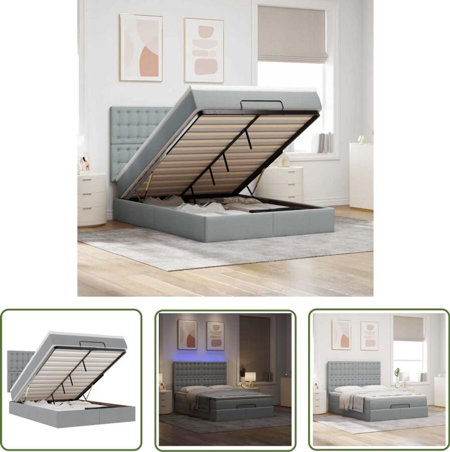 VidaXL Boxspringbed Ottoman Bed Ottoman bed met matras en LED's 140x200cm stof lichtgrijs Led Lampen Slaapcomfort Opbergruimte