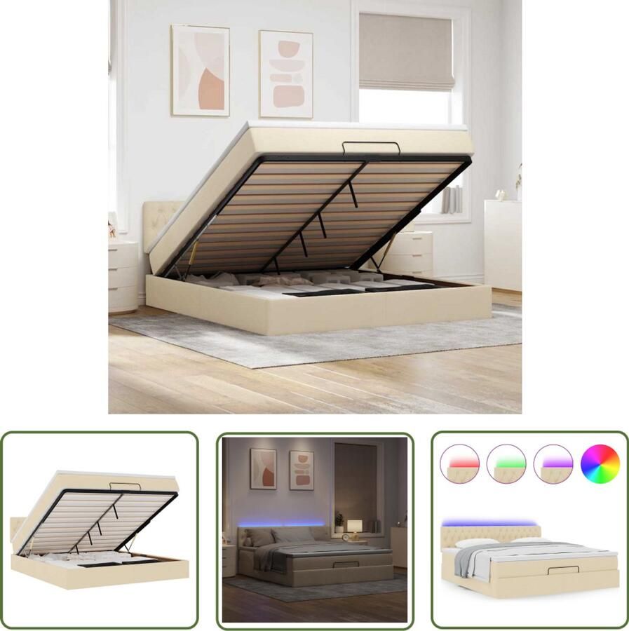VidaXL Boxspringbed Ottoman Bed Ottoman bed met matras en LED's 160x200cm stof crèmekleurig Led Lampen Slaapcomfort Opbergruimte