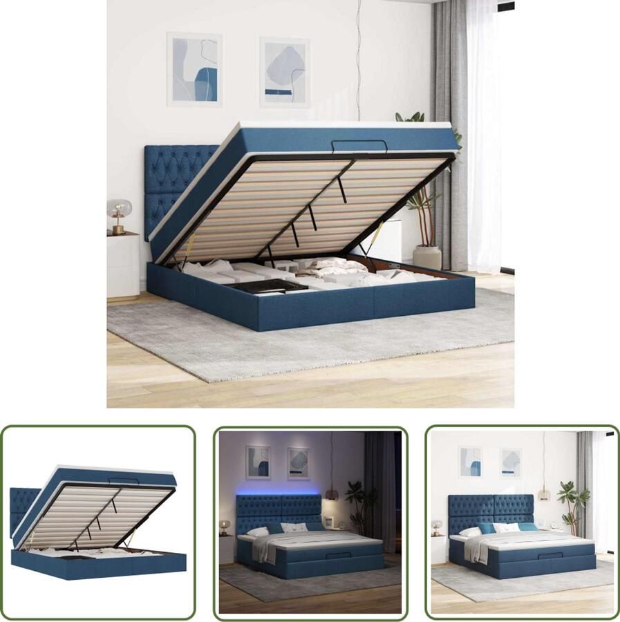 VidaXL Boxspringbed Ottoman Bed Ottoman bed met matras en LED's 180x200cm stof blauw Tweepersoonsbed Led Lampen Opbergruimte Bed