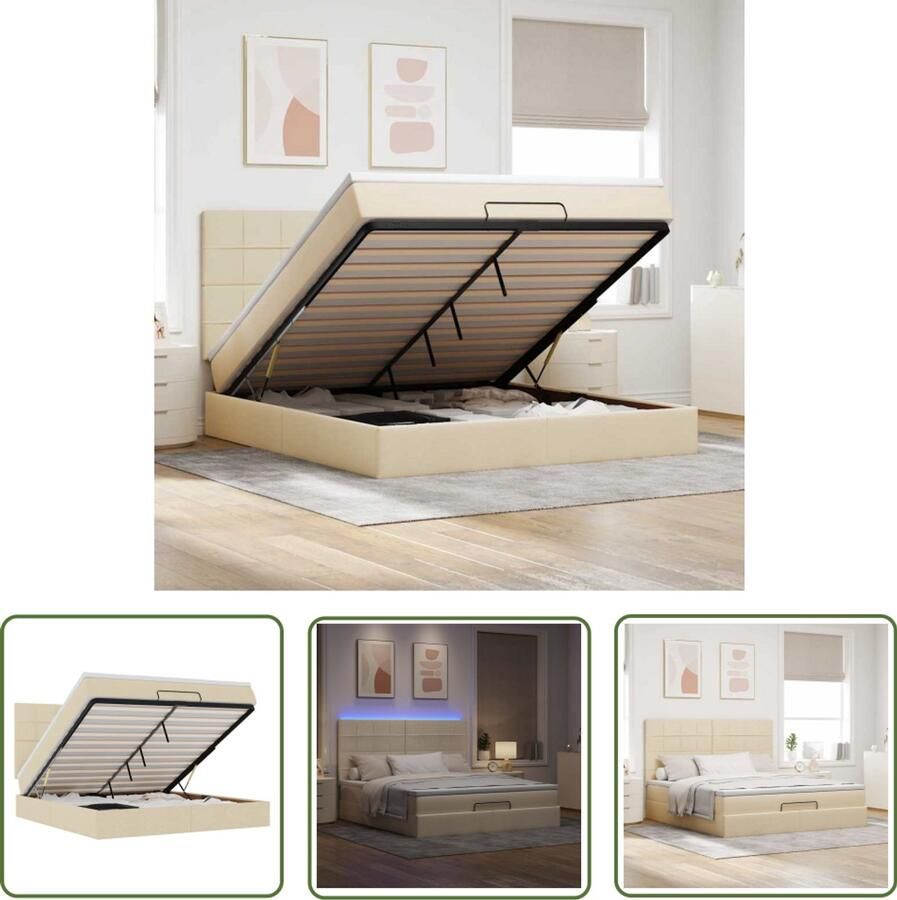 VidaXL Boxspringbed Ottoman Bed Ottoman bed met matras en LED's 180x200cm stof crèmekleurig Led Lampen Slaapcomfort Opbergruimte