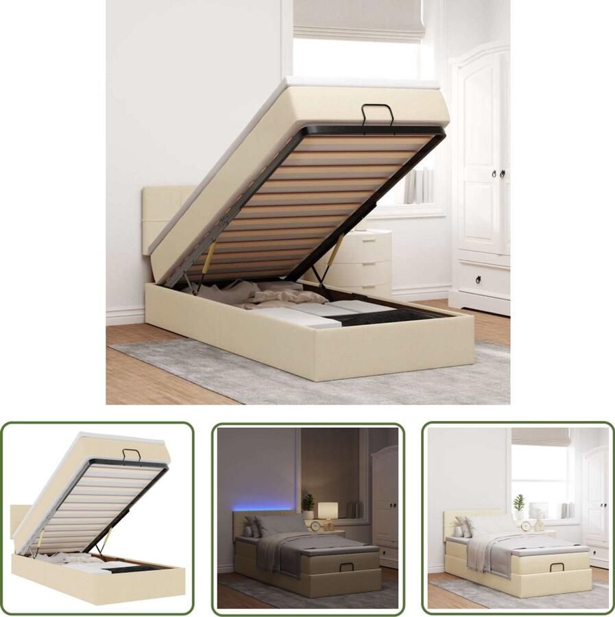 VidaXL Boxspringbed Ottoman Bed Ottoman bed met matras en LED's 90x190cm stof crèmekleurig Led Lampen Slaapcomfort Nachtlampjes