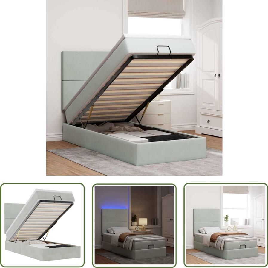 VidaXL Boxspring Ottoman Bed Ottoman bed met matrassen en LED's 90x200cm fluweel lichtgrijs Tweepersoonsbed Led Lamp Opbergruimte Bed