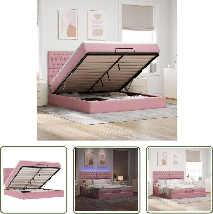 VidaXL Boxspringbed Ottoman Bed Ottoman bed met matrassen en LED's 160x200cm fluweel roze Tweepersoonsbed Velvet Bed Led Bed