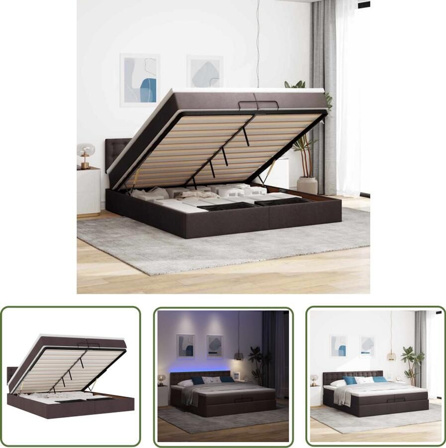 VidaXL Boxspringbed Ottoman Bed Ottoman bed met matrassen en LED's 200x200cm stof donkerbruin Tweepersoonsbed Led Lampen Opbergruimte Bed