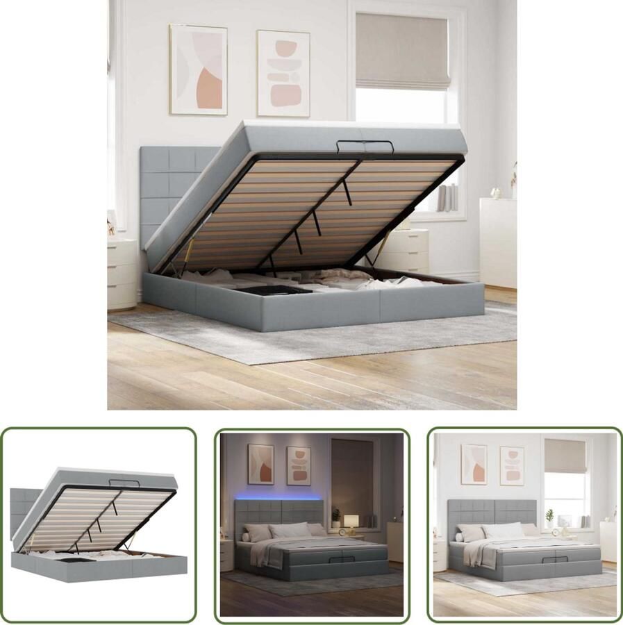 VidaXL Boxspringbed Ottoman Bed Ottoman bed met matrassen en LED's 200x200cm stof lichtgrijs Led Bed Slaapcomfort Opbergruimte