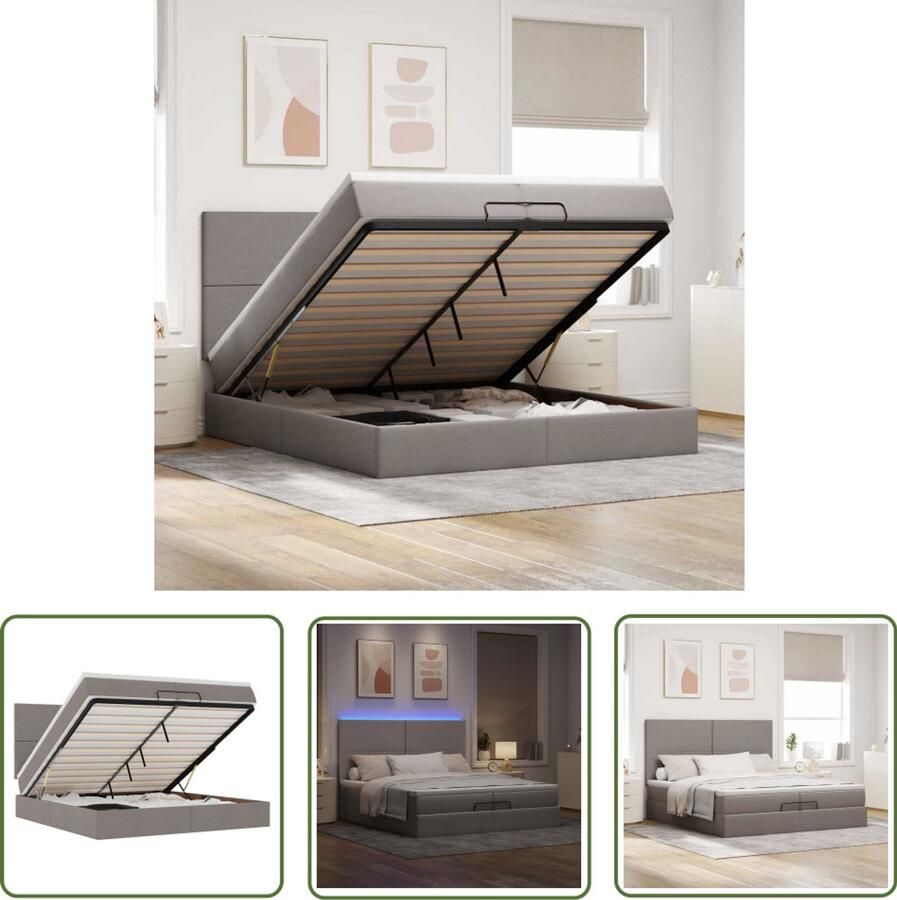 VidaXL Boxspringbed Ottoman Bed Ottoman bed met matrassen en LED's 200x200cm stof taupe Tweepersoonsbed Stapelbed Led Lamp